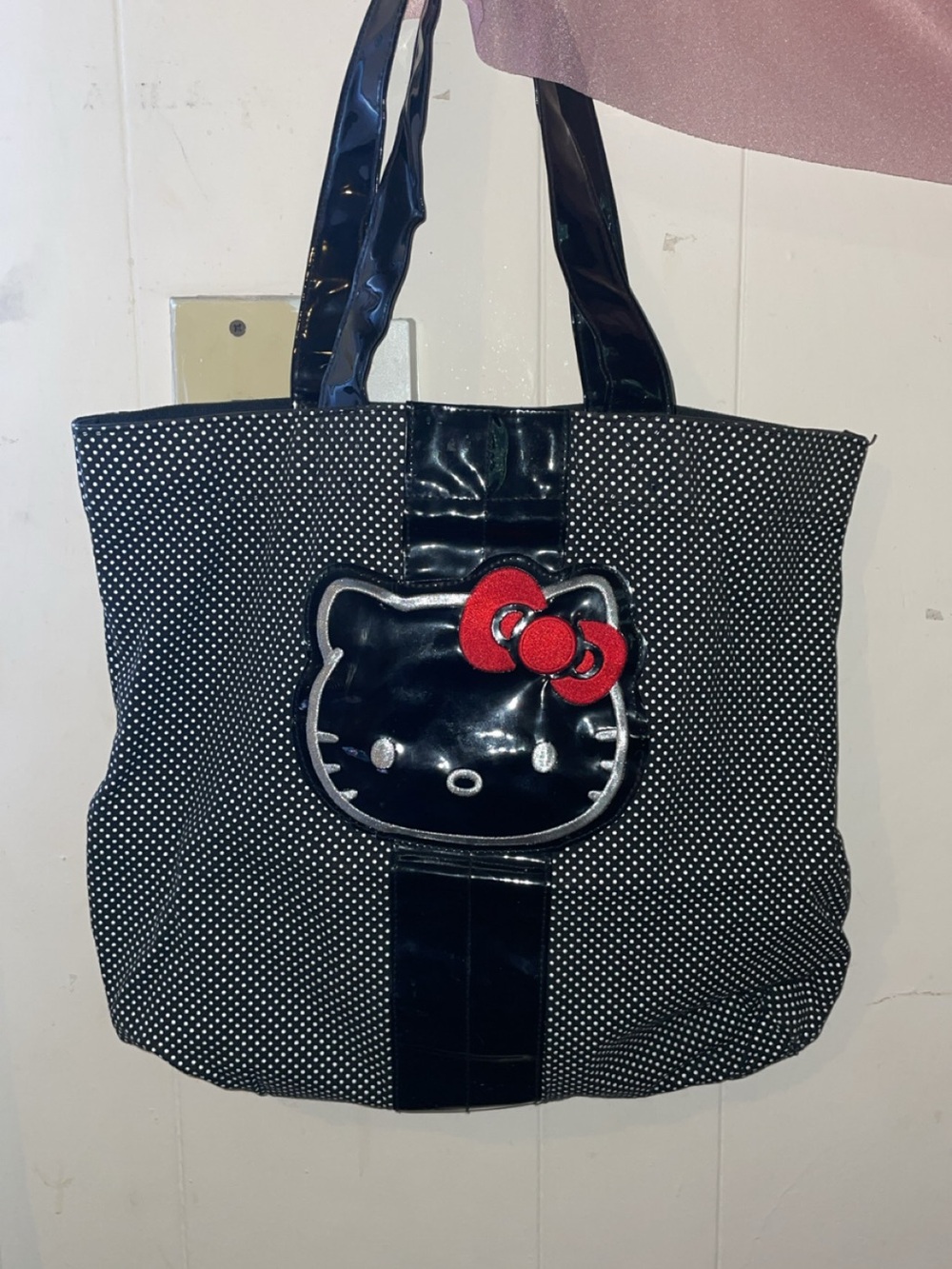 Hello Kitty Black Polka Dot Tote with Red Bow Accent